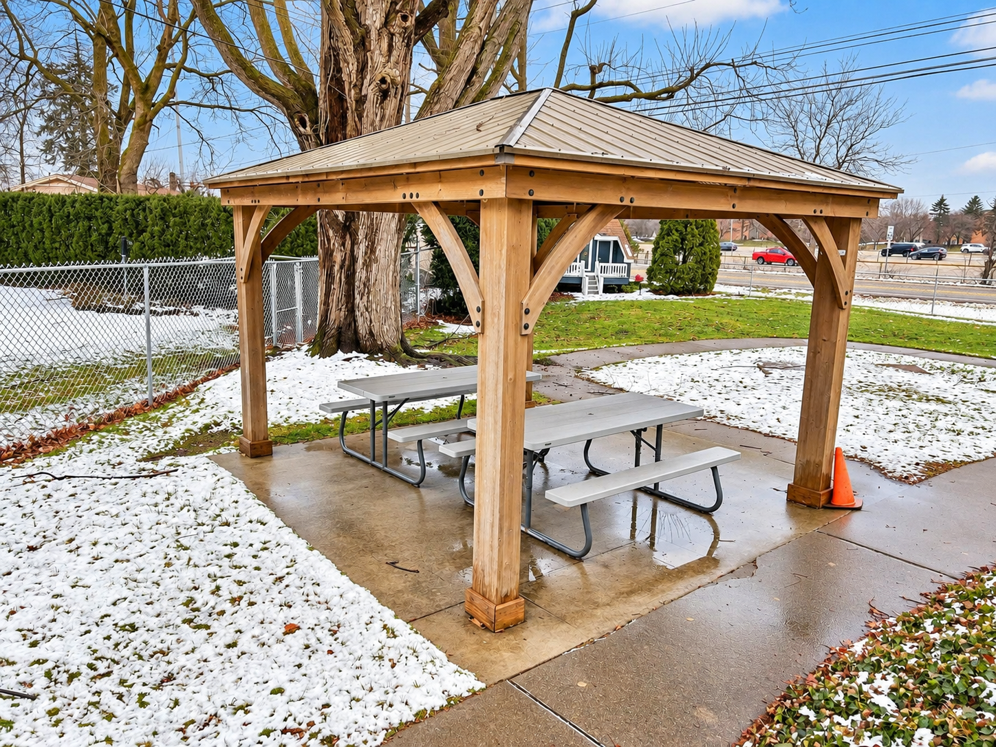 Covered picnic tables at the center